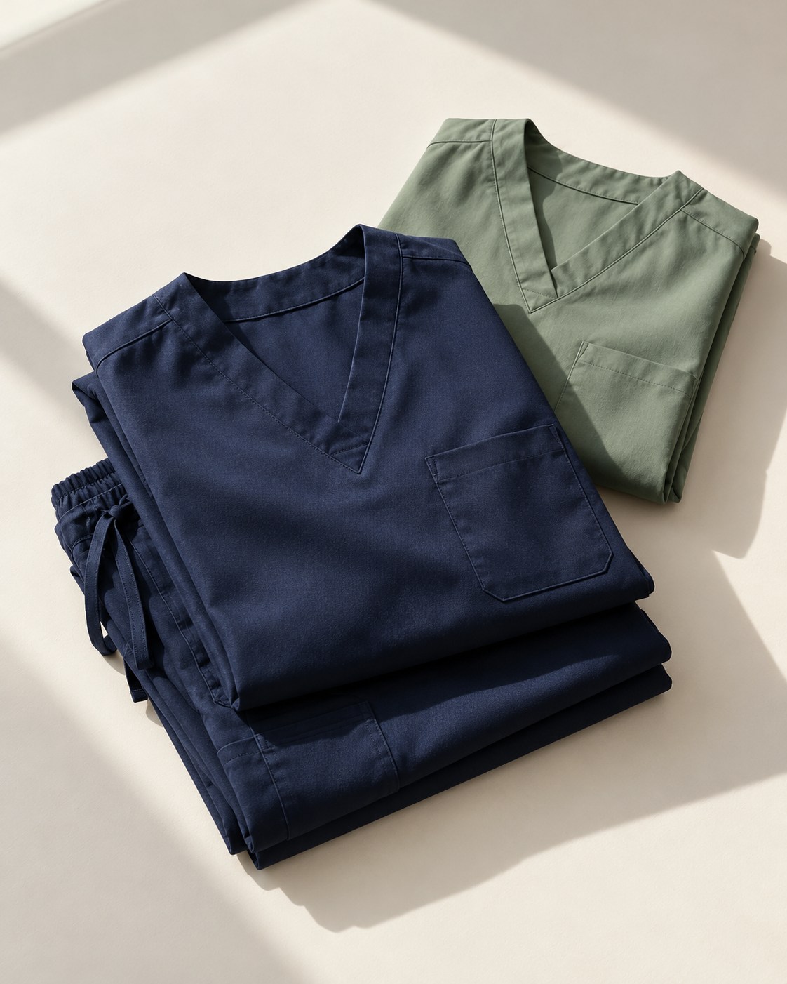AI-generated concept of folded navy and sage scrub garments