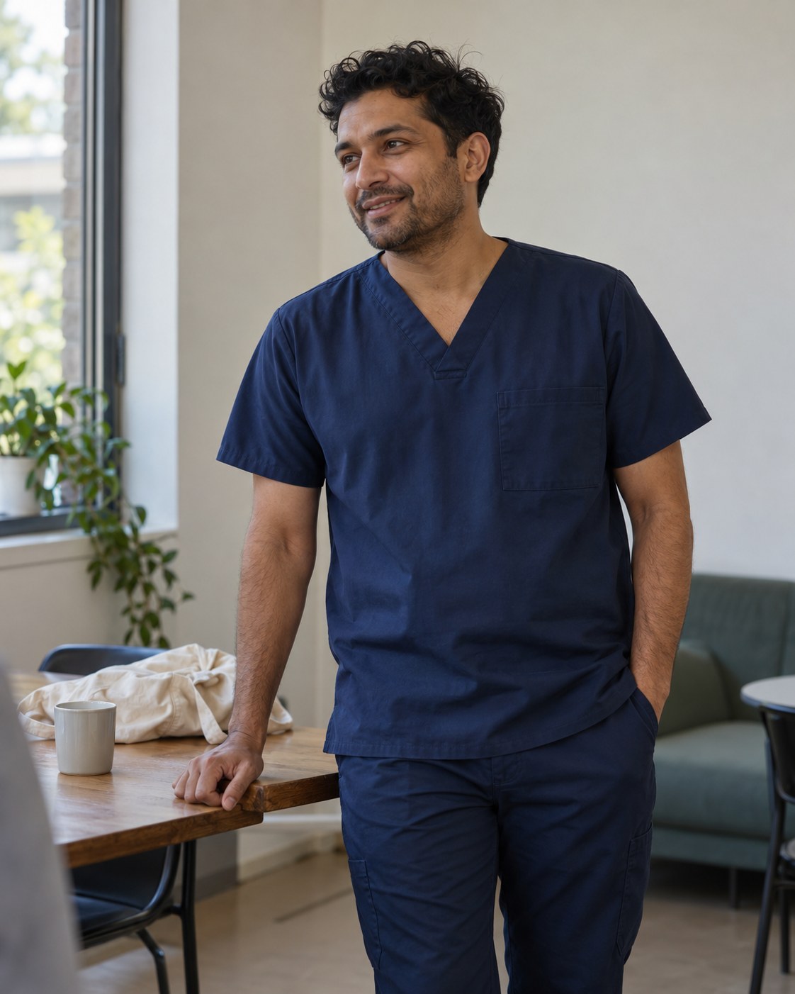 AI-generated concept of a healthcare worker in navy scrubs relaxing beside a break-room window